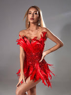 Red Paillette Feather Tube Top Hip Skirt Aclosy