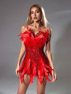 Red Paillette Feather Tube Top Hip Skirt Aclosy