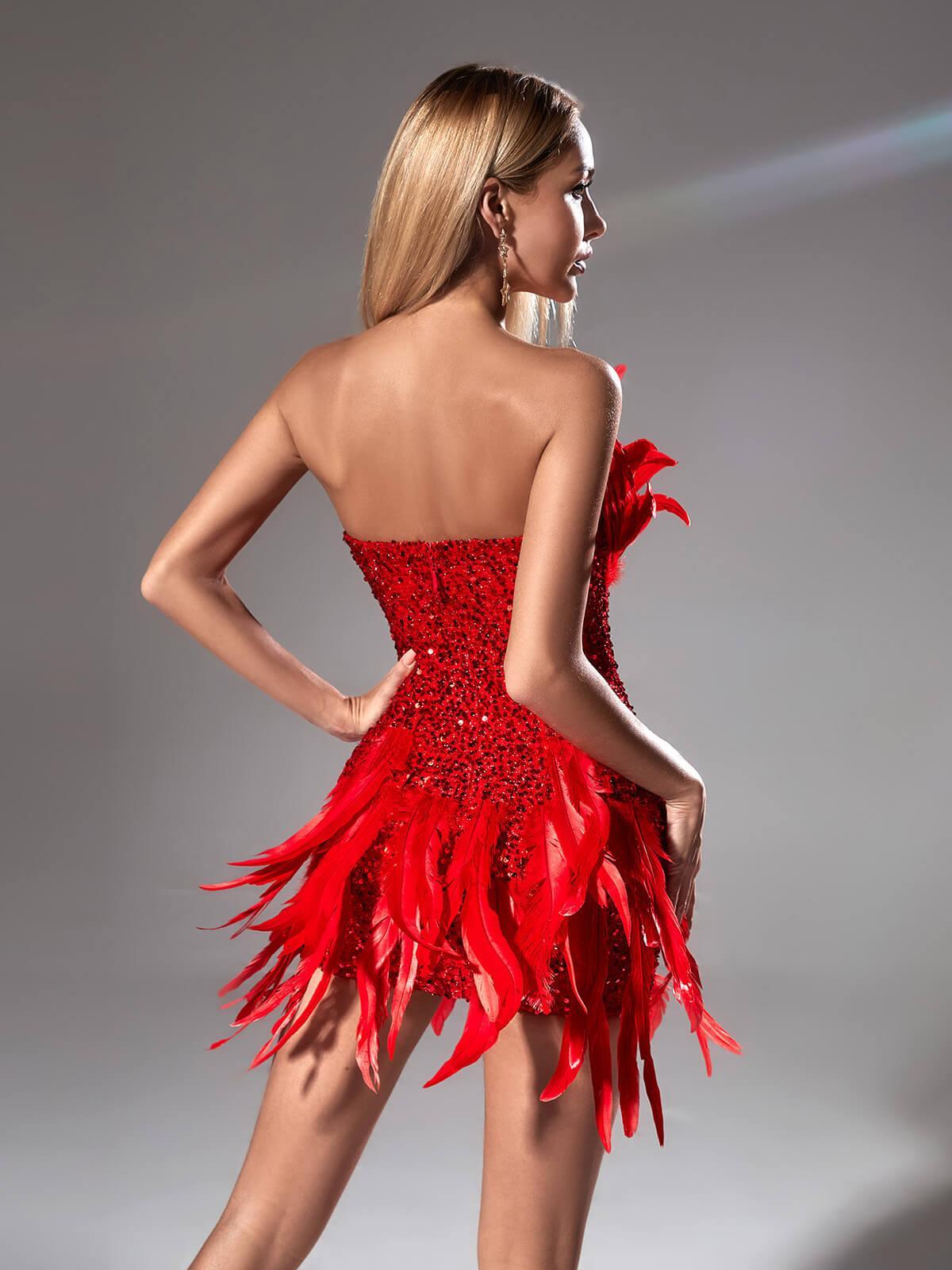 Red Paillette Feather Tube Top Hip Skirt Aclosy
