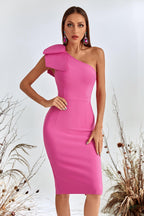 One-shoulder Bow Mid-length Formal Dress Bandage One-piece Dress aclosy