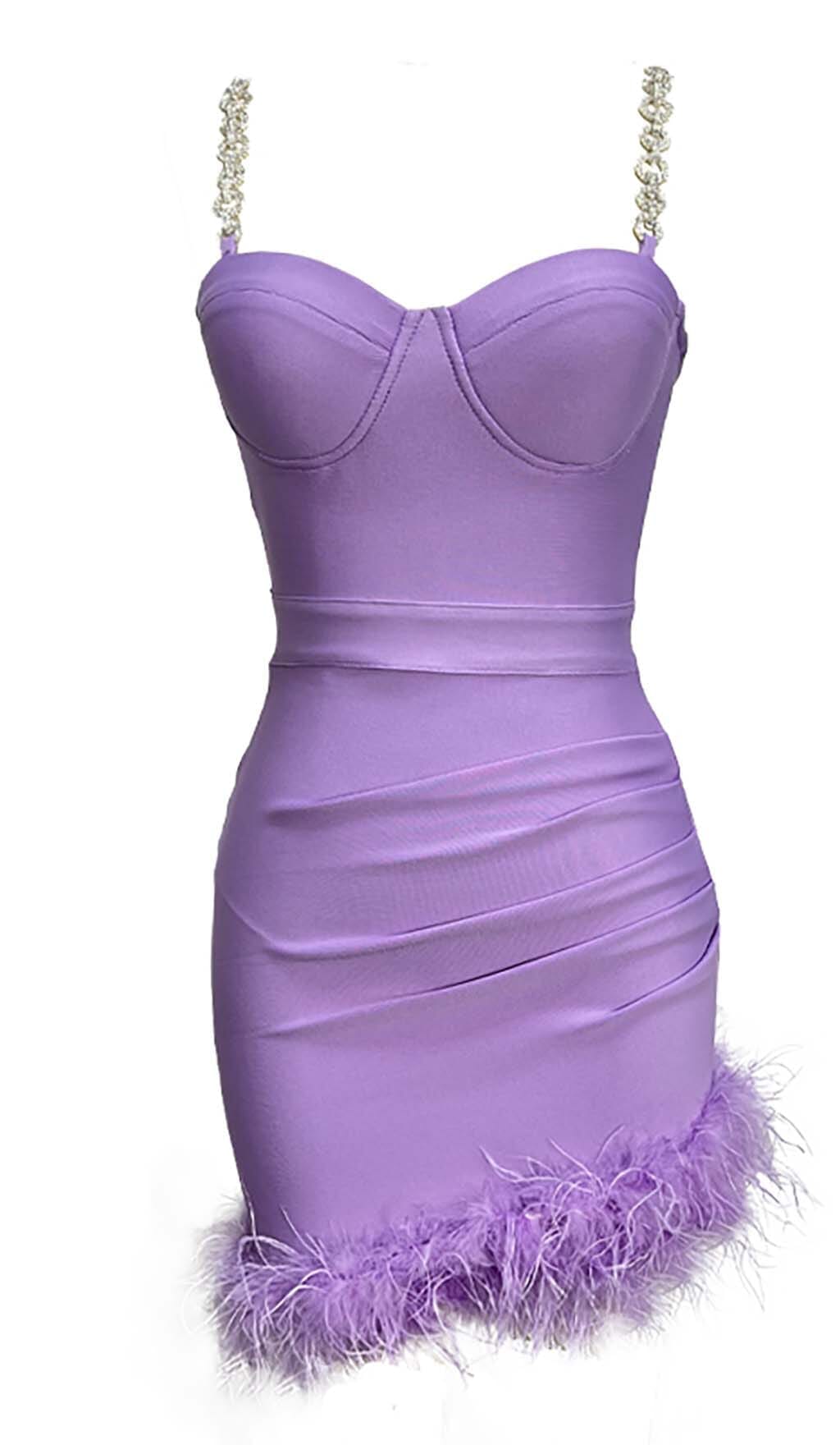 Metal Strap Feather Bandage One-piece Dress aclosy