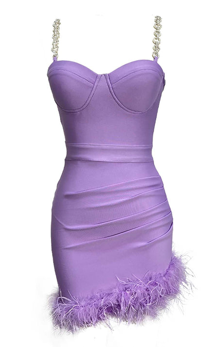 Metal Strap Feather Bandage One-piece Dress aclosy