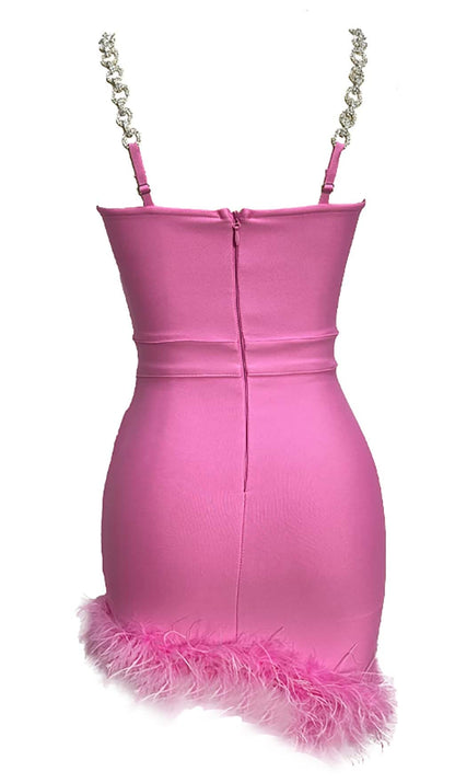 Metal Strap Feather Bandage One-piece Dress aclosy