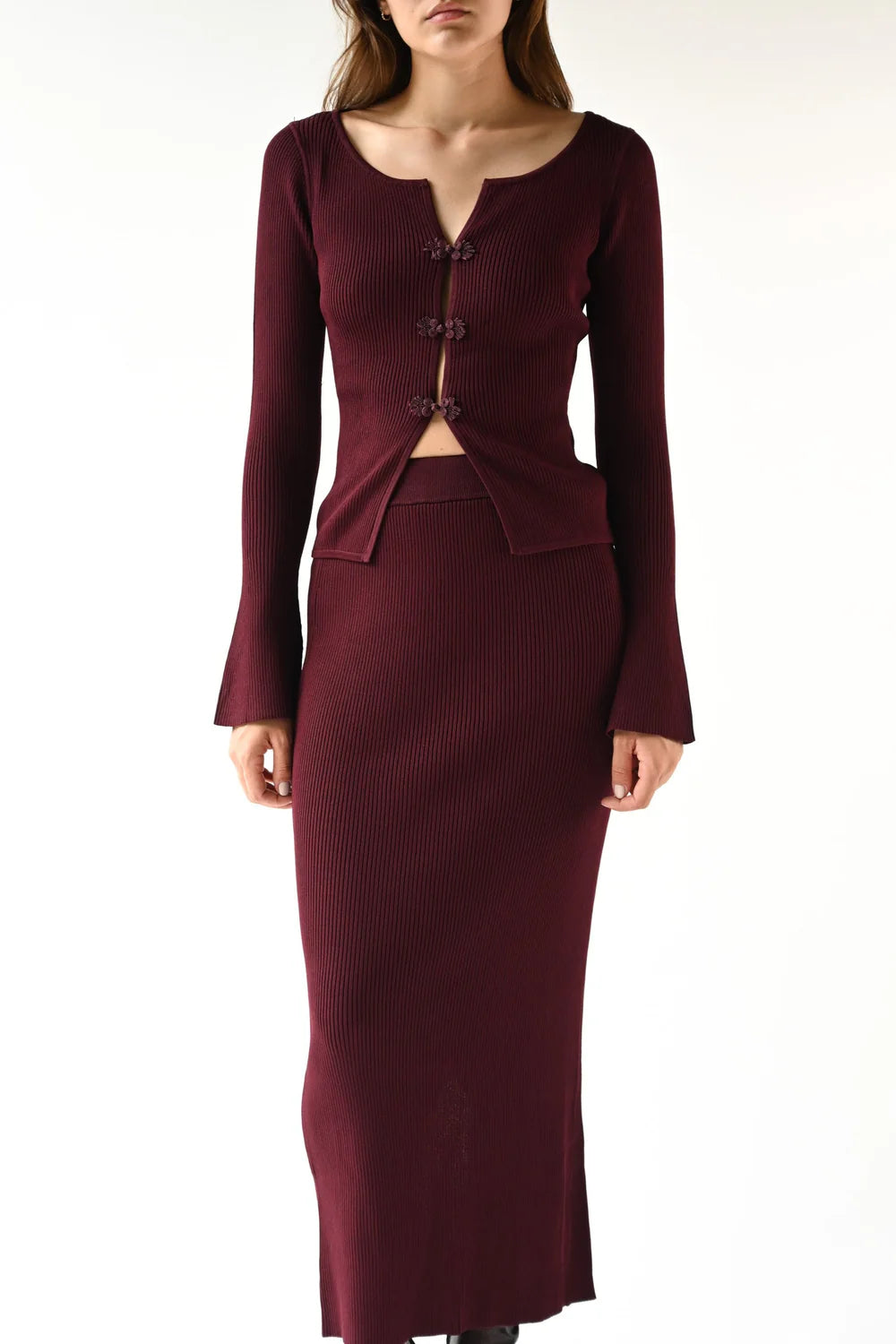 Square Collar Short Shirt Buckle  Burgundy Knitted Two-piece