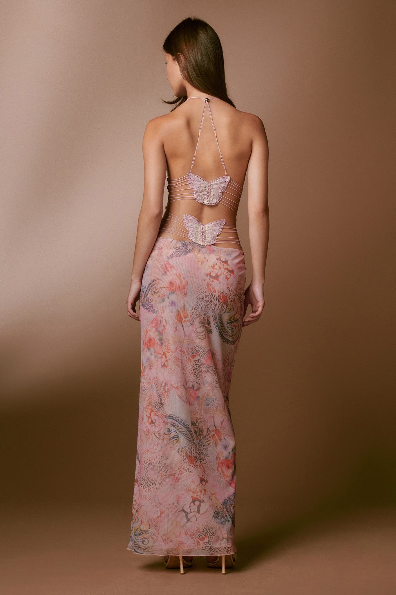 Floral Satin Backless Dress aclosy