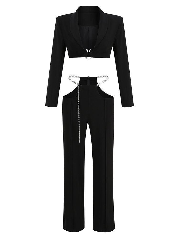 Women's Fashion Casual Suit Chain Belt Trousers Two Piece Set Aclosy