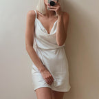 European And American Satin Waist-controlled Lace-up Strap Dress aclosy