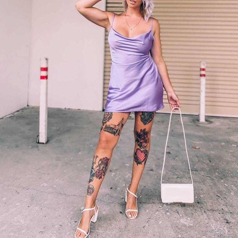 European And American Satin Waist-controlled Lace-up Strap Dress aclosy