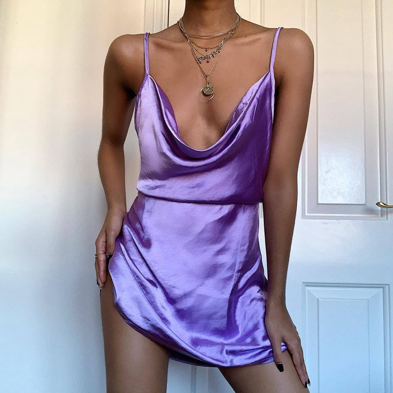 European And American Satin Waist-controlled Lace-up Strap Dress aclosy