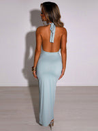 Navel Cutout Pleated Slit Long Dress Aclosy