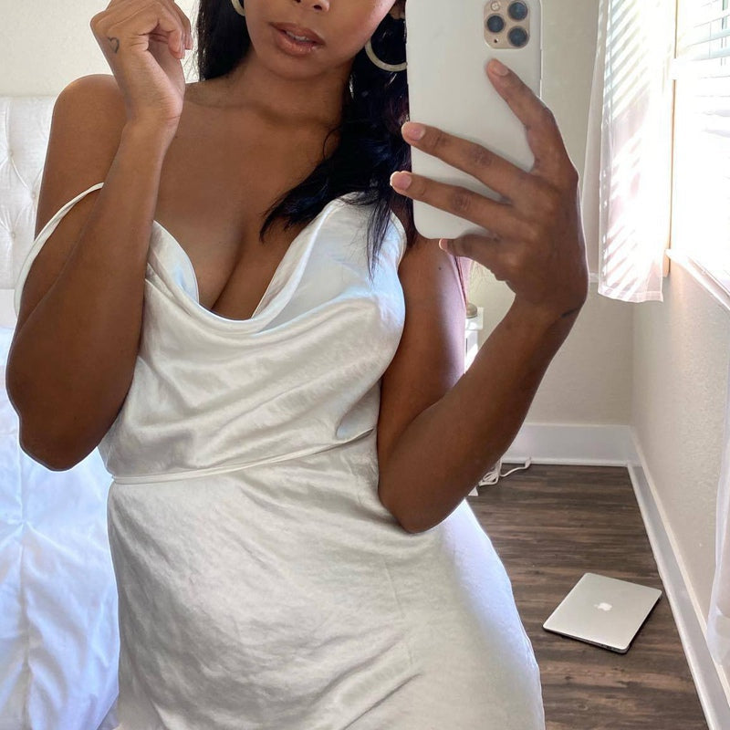 European And American Satin Waist-controlled Lace-up Strap Dress aclosy