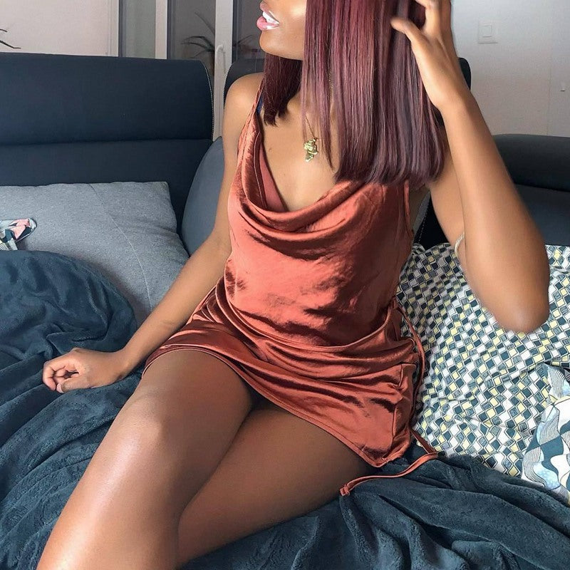 European And American Satin Waist-controlled Lace-up Strap Dress aclosy