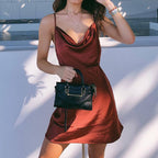 European And American Satin Waist-controlled Lace-up Strap Dress aclosy