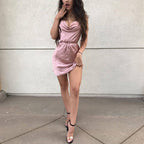 European And American Satin Waist-controlled Lace-up Strap Dress aclosy