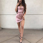 European And American Satin Waist-controlled Lace-up Strap Dress aclosy