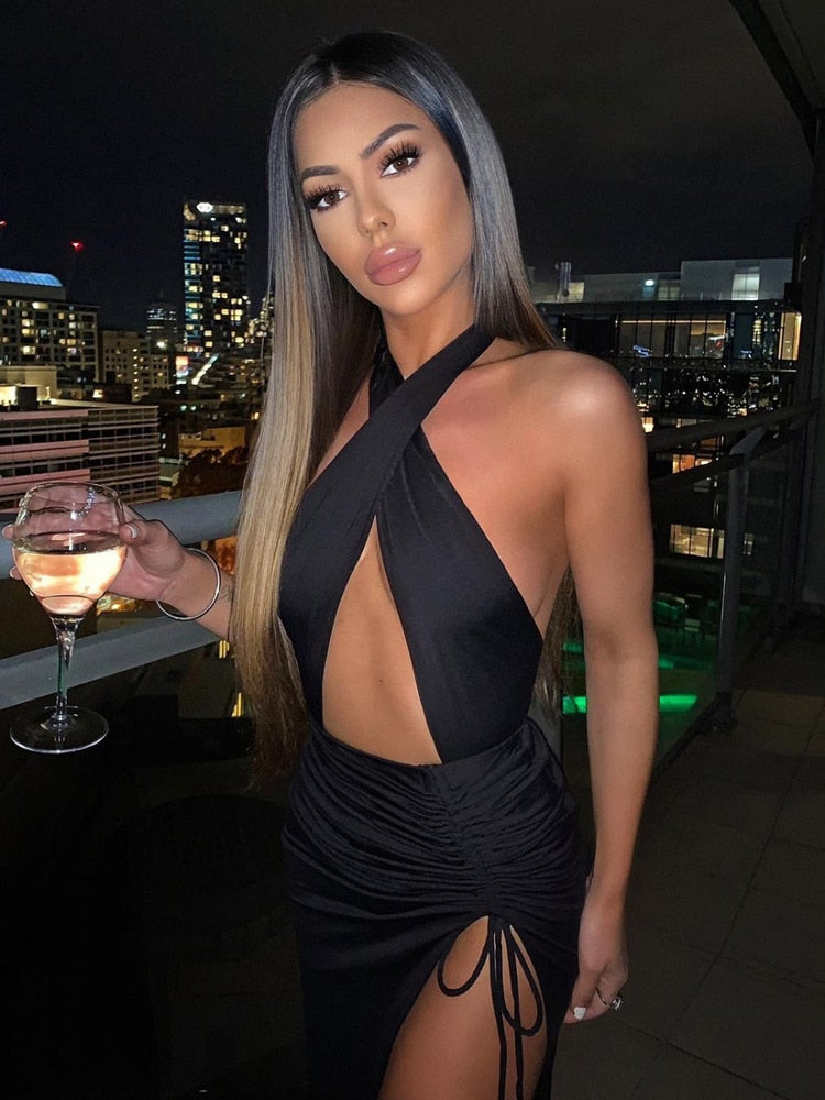 Navel Cutout Pleated Slit Long Dress Aclosy