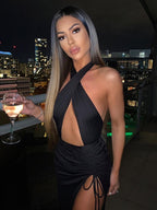 Navel Cutout Pleated Slit Long Dress Aclosy