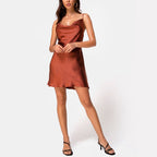 European And American Satin Waist-controlled Lace-up Strap Dress aclosy