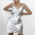 European And American Satin Waist-controlled Lace-up Strap Dress aclosy