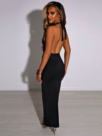 Navel Cutout Pleated Slit Long Dress Aclosy