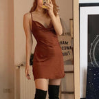 European And American Satin Waist-controlled Lace-up Strap Dress aclosy