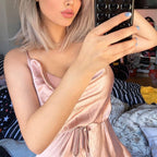 European And American Satin Waist-controlled Lace-up Strap Dress aclosy