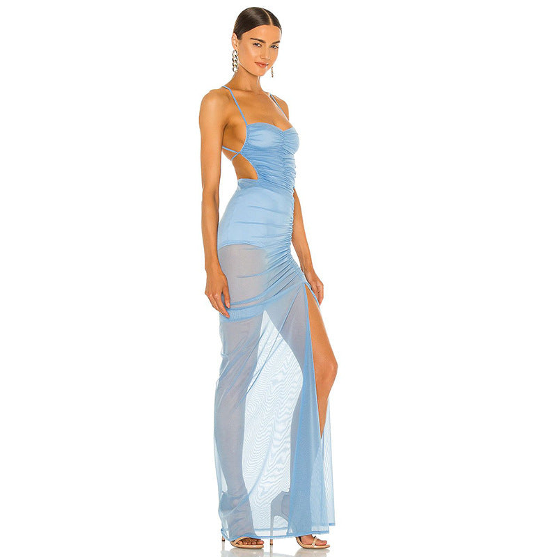 Mesh Hollow Sling Strap High Slit Dress aclosy