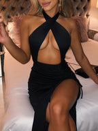 Navel Cutout Pleated Slit Long Dress Aclosy