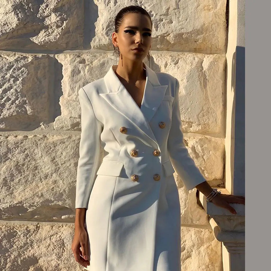 Long Sleeve Deep V-neck Elegant Suit Double Breasted Thickened Shoulder Blazer aclosy