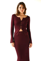 Square Collar Short Shirt Buckle  Burgundy Knitted Two-piece