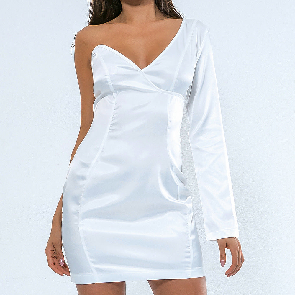 V-neck wrapped chest slanted shoulder dress Aclosy