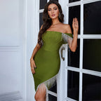 Women's Studded Fringed One-shoulder Dress aclosy