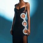 Hollow Jeweled Side Slit Sling Bandage Knitted Dress aclosy