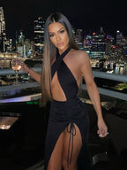 Navel Cutout Pleated Slit Long Dress Aclosy