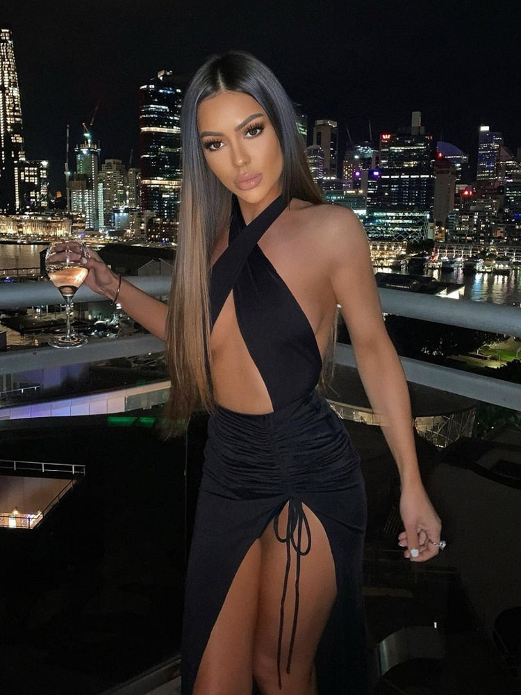 Navel Cutout Pleated Slit Long Dress Aclosy