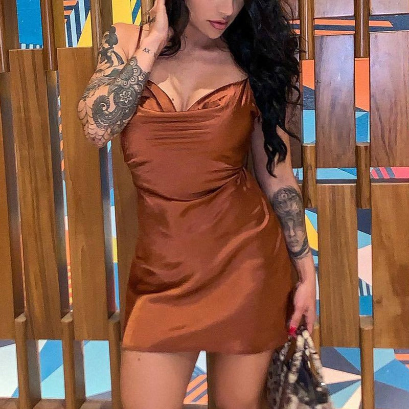 European And American Satin Waist-controlled Lace-up Strap Dress aclosy