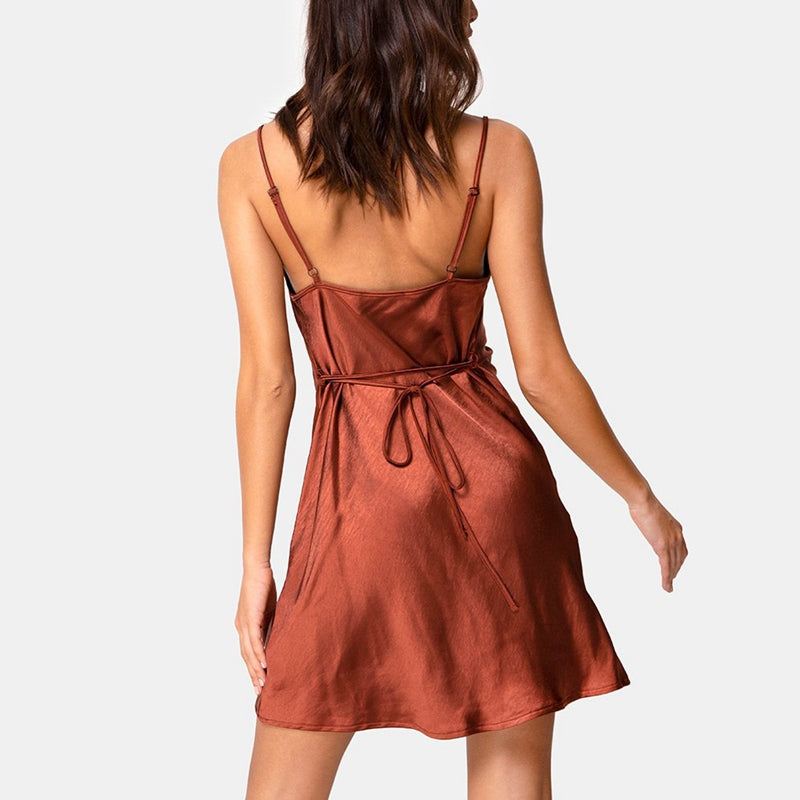 European And American Satin Waist-controlled Lace-up Strap Dress aclosy