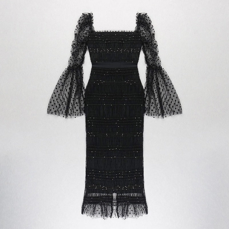Polka Dot Black Mesh Midi Dress