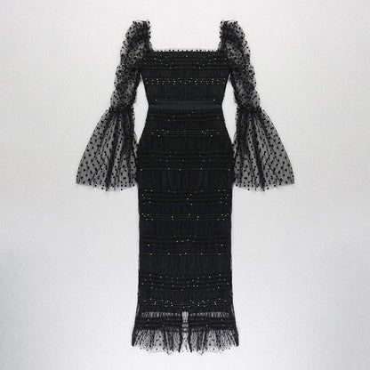 Polka Dot Black Mesh Midi Dress