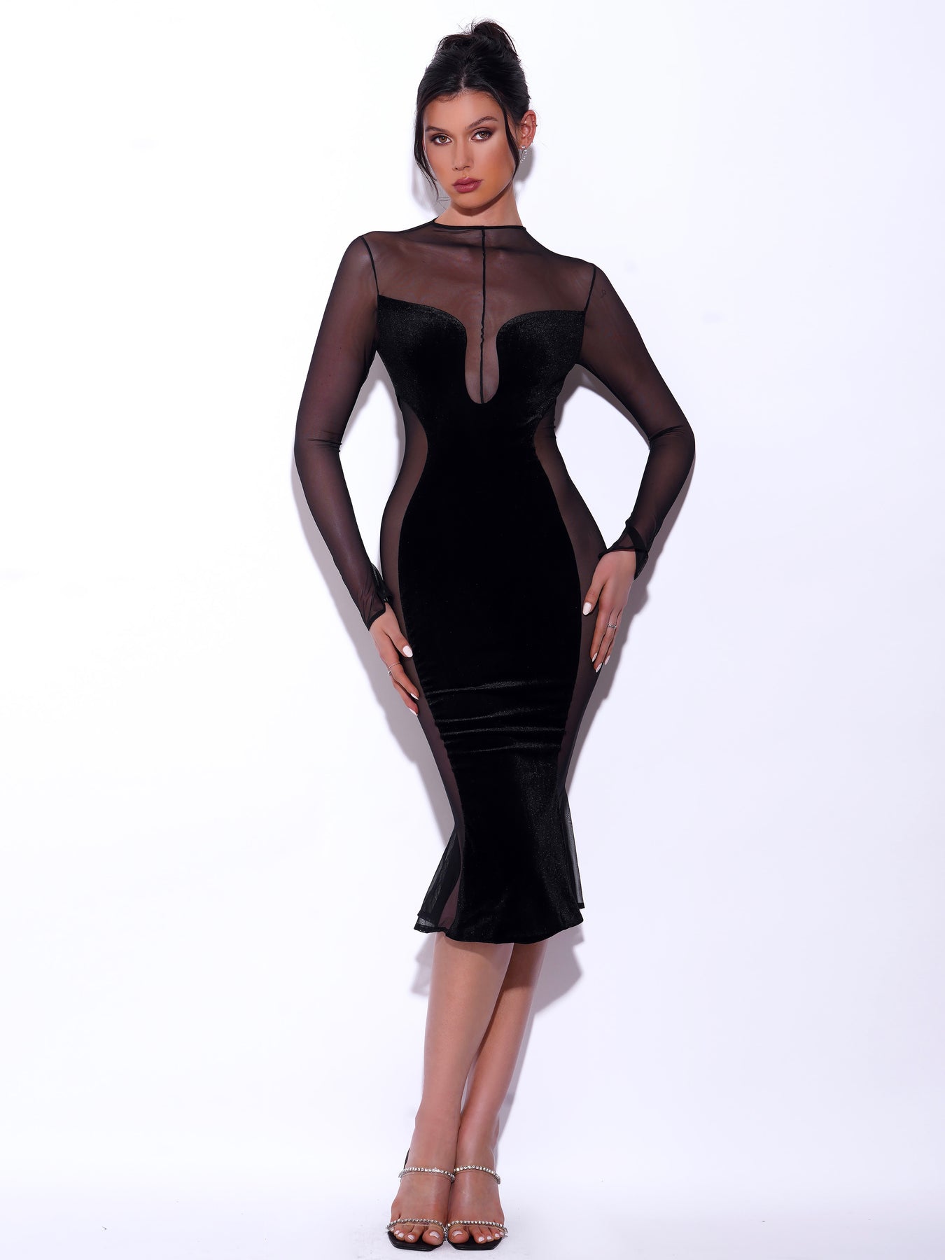 Meriga Black Velvet Mesh Long Sleeve Dress Aclosy Meriga Black Velvet Mesh Long Sleeve Dress Aclosy