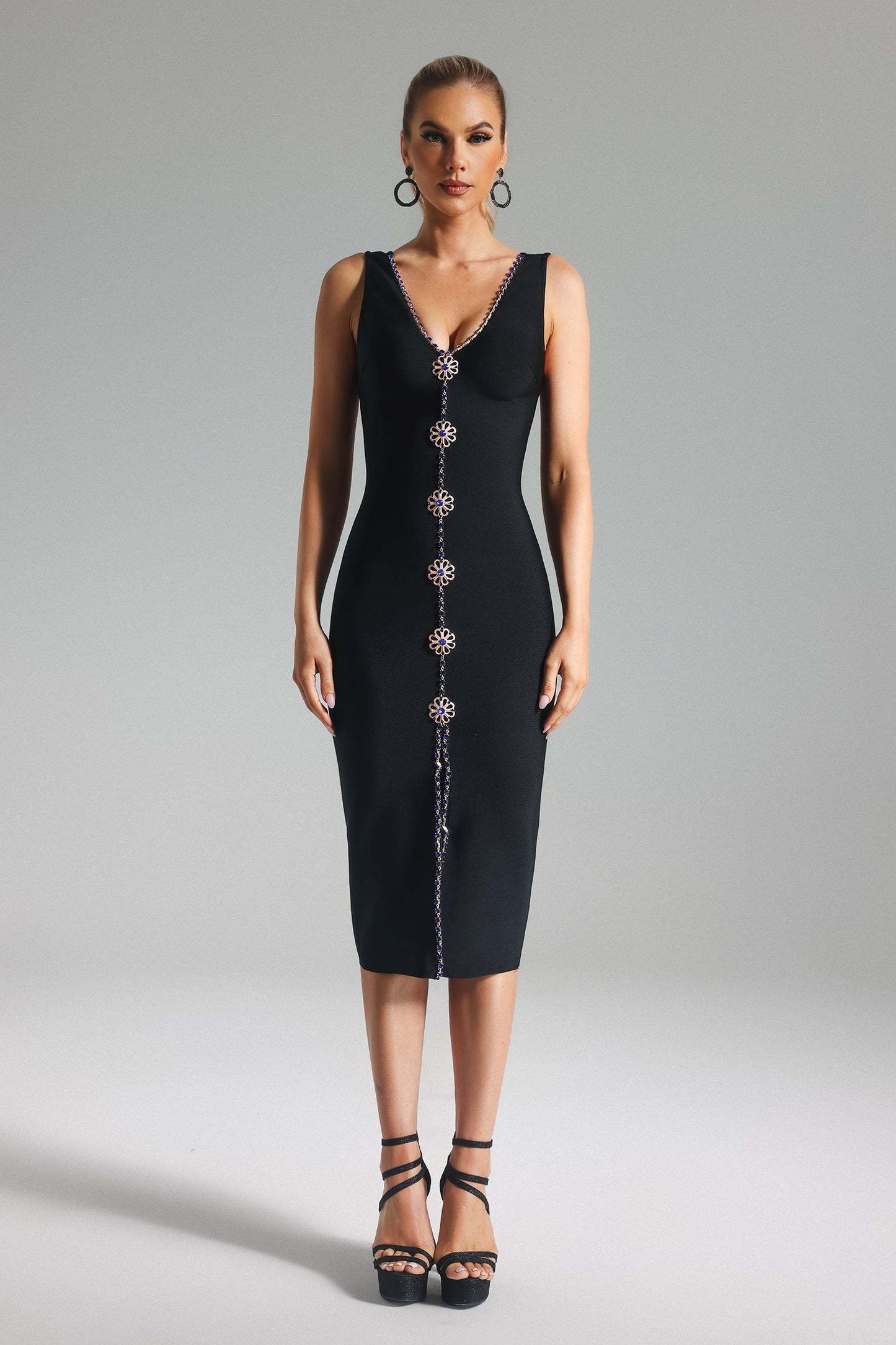 Venaly Rhinestone Bandage Black Dress