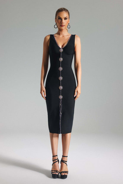Venaly Rhinestone Bandage Black Dress