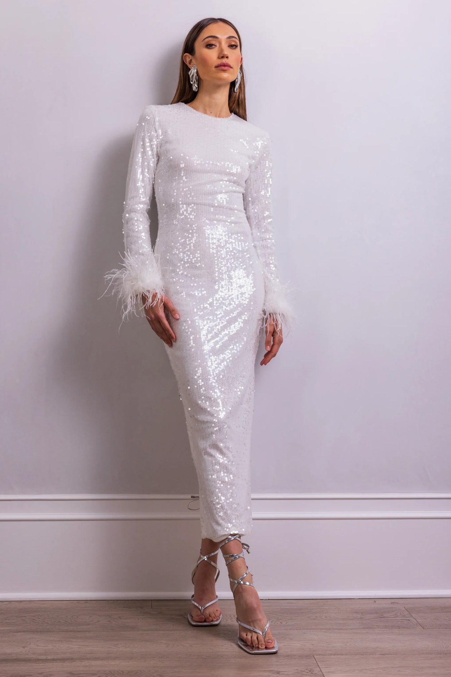 Casenia Feather Long Sleeve Sequins Dress