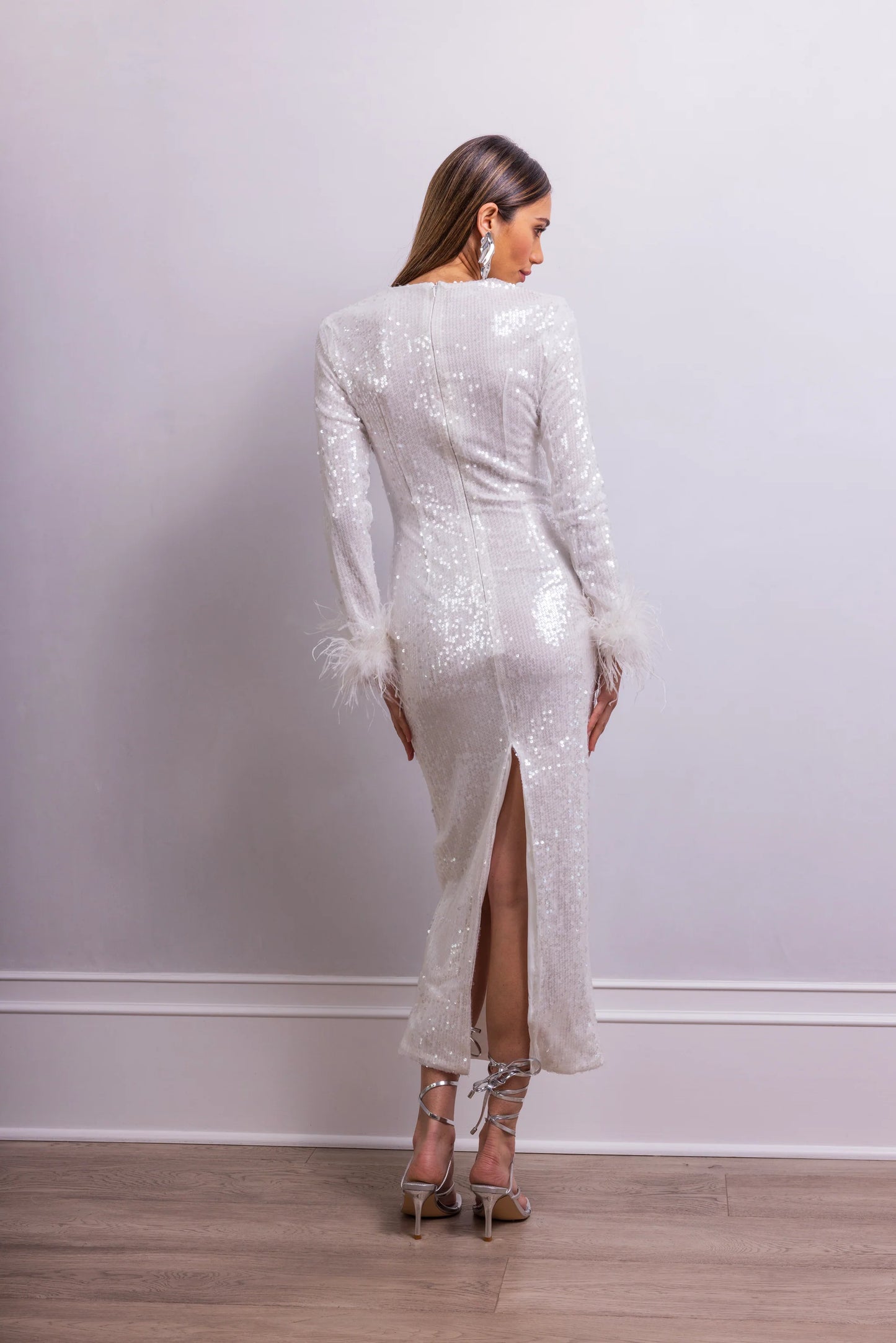 Casenia Feather Long Sleeve Sequins Dress