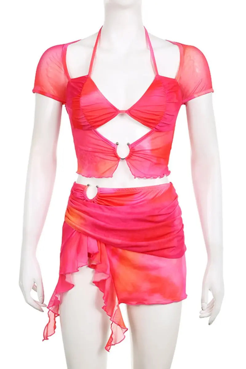 Vacation Style Circle Short Skirt Set Ruffle Irregular Half-body Dress Hanging Neck Hollow Suspenders aclosy