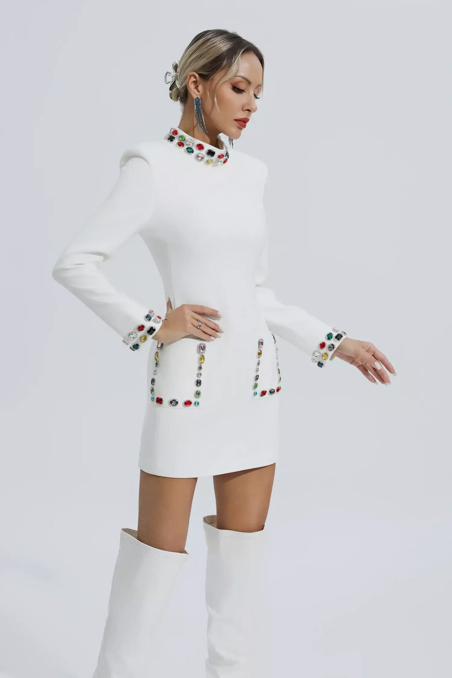 Jensa White Diamond Embellishment Mini Dress