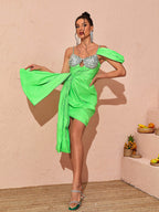 Slimming Green Diamond Strap Tight Pleated Elegant Mini Dress Aclosy