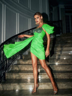 Slimming Green Diamond Strap Tight Pleated Elegant Mini Dress Aclosy