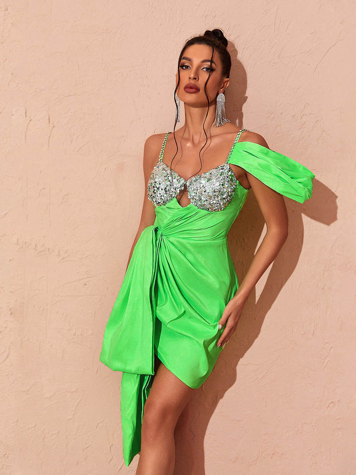 Slimming Green Diamond Strap Tight Pleated Elegant Mini Dress Aclosy