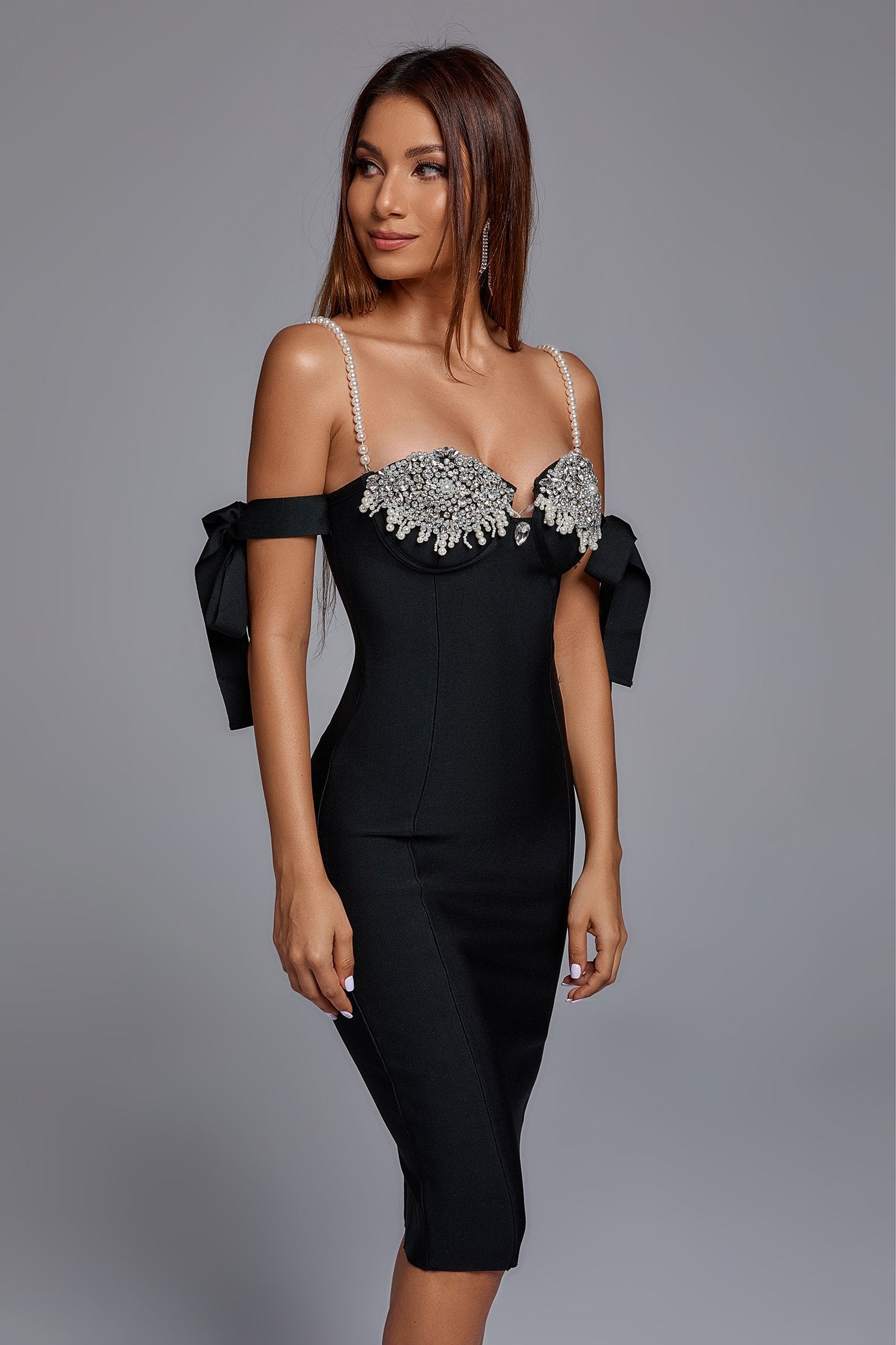 Pearl And Diamond Chest Cup Bandage Dress aclosy